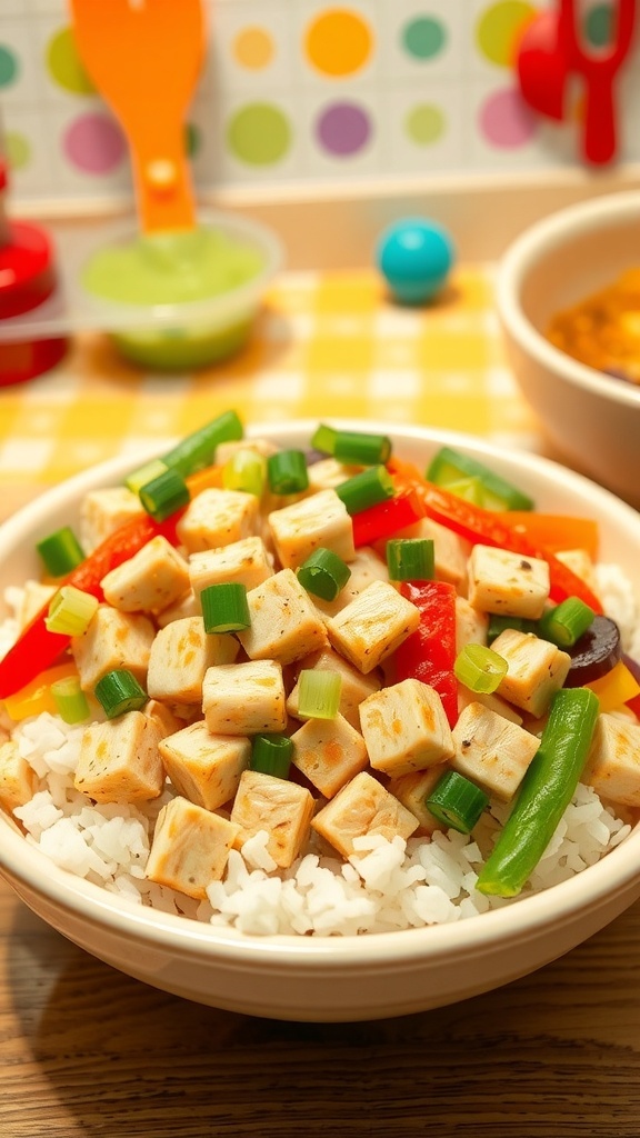 A kid-friendly chicken bowl with chicken, vegetables, and rice, garnished with green onions on a bright table.